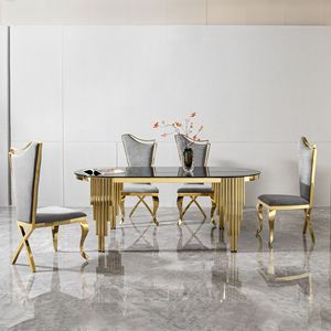 79.53\" Black Glass <b>Top</b> Oval <b>Dining</b> <b>Table</b> with Gold Stainless Steel Base Accommodates 8 Seaters - Product Image 4