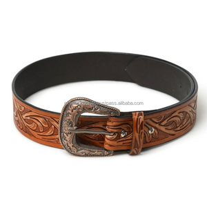 Many Designs Custom Made Floral Embossed <b>Hand</b> Carved Unisex Western Leather Tooling Belt with <b>Bras</b> Buckle Set - Product Image 3