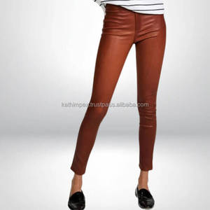 Pantalon slim plat respirant en similicuir marron à la mode taille haute coupe ajustée conception extensible longueur cheville Moto Biker pour les femmes - Product Image 3