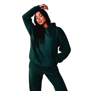 Conjunto Deportivo con Capucha para Mujer, Talla Grande, Color Verde Sólido, 100% Algodón, Manga Larga, Sudadera Informal con Bolsillos Laterales, Otoño - Product Image 5