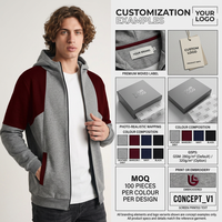 Sweat à capuche zippé color block pour homme, 280 GSM, polaire polyester-coton lavé, logo personnalisé, vêtements en gros