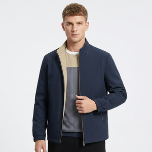 <b>Men's</b> <b>Navy</b> Blue Stand Collar <b>Quilted</b> <b>Jacket</b> Windproof Zipper Solid Color Smart Casual Autumn Wear Eco-Friendly Front Polyester - Product Image 3