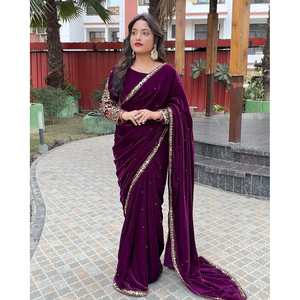 ผ้าส่าหรีสำหรับงานเย็บปักกำมะหยี่ผ้ากำมะหยี่พร้อมเสื้อเบลาส์แบบไม่มีตะเข็บ - Product Image 1