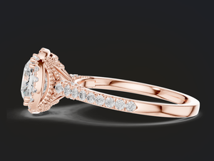 Élégante bague en or rose avec diamant taille coussin et halo luxueux, idéale pour fiançailles et cadeau d'anniversaire - Product Image 3