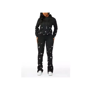 Conjunto de Sudadera con Capucha de 2 Piezas con Estampado de Salpicaduras en Blanco y Negro para Mujer, Chándal de Punto Informal de Longitud Completa para Todas las Temporadas - Product Image 5