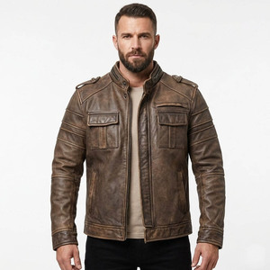 Blouson moto en cuir véritable marron pour homme avec épaulettes, col montant et fermeture éclair, style automne - Product Image 1