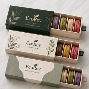กล่องมาการอง EcoRev บรรจุภัณฑ์กล่องกระดาษแข็งพร้อมริบบิ้น  รักษ์โลก พิมพ์ฟอยล์ทอง  กระดาษอาร์ต รูปทรงสี่เหลี่ยมผืนผ้า - Product Image 1