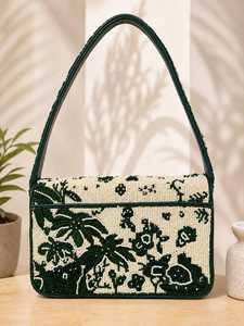 Floral Embroidered Textile Handbag Green <b>White</b> Pattern Handmade Beaded Rectangular <b>Bag</b> with <b>Leather</b> Handle Beaded <b>bags</b> - Product Image 5