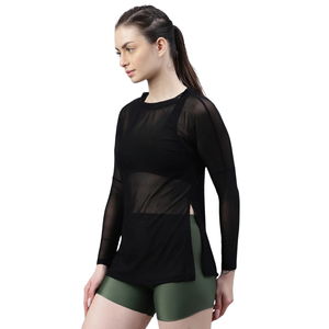 Camiseta de Manga Larga de Malla Transparente para Mujer, Cuello Redondo, Dobladillo Curvo, Tops de Yoga y Fitness, Secado Rápido y Transpirable - Product Image 5