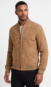 Wholesale Fashionable <b>Men</b> <b>Suede</b> Bomber <b>Jacket</b> Tan Beige Classic Flight Coat Custom Slim Fit Ribbed Knit Trim Eco-Friendly - Product Image 5