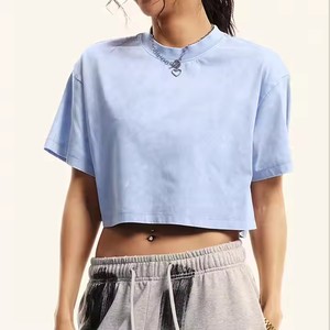 Camiseta Corta Azul Claro para Mujer, Cuello Redondo, Manga Corta, Corte Holgado, Color Sólido, Informal, Verano, 100% Algodón Jersey, Transpirable - Product Image 1