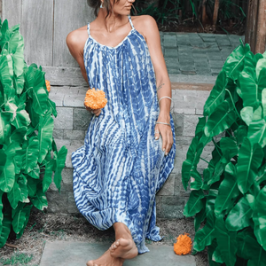 Robe maxi en coton tie-dye bleu et blanc pour femmes, style bohème, sans manches, décontractée, plage, vacances d'été - Product Image 4