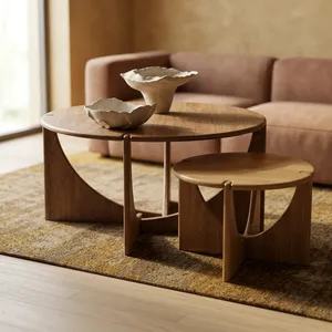 Modern Round Wood Coffee <b>Table</b> <b>Nesting</b> Minimalist Living Room Furniture - Product Image 2