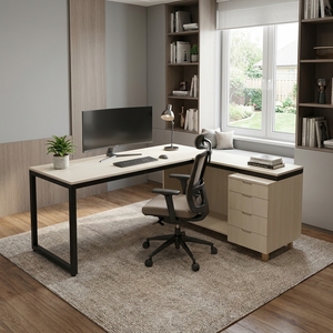 Escritorio Ejecutivo Moderno en Forma de L con Estructura Metálica, Almacenamiento Abierto, Cajones en el Pedestal, Superficie de Madera Clara, Estación de Trabajo para Computadora de Oficina en Esquina - Product Image 5
