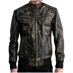 Veste en cuir vintage pour homme, col matelassé, fermeture éclair, coupe classique, streetwear, vêtements d'extérieur pour l'hiver - Product Image 5