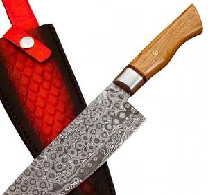 Couteau de chef utilitaire artisanal en acier Damas goutte de pluie, manche en bois, outil de découpe pour barbecue extérieur avec étui en cuir - Product Image 2