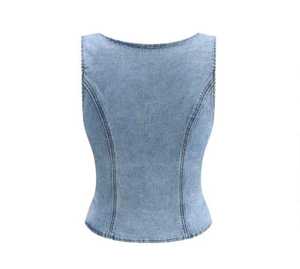 Denim Sleeveless Corset <b>Top</b> Rivet Decoration O-Neck Button Closure Eco-Friendly Breathable Elegant Sweet Style Spring Women's - Product Image 4