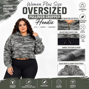 Sweat-shirt court à capuche imprimé camouflage pour femme, grande taille, avec demi-fermeture éclair, 100% French Terry, haut court à capuche imprimé pour femme - Product Image 5