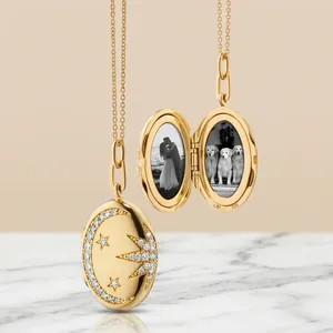 Silver Lab Grown Diamond Oval Locket Pendant Custom Family Photo <b>Memory</b> Pendant Necklace <b>Gift</b> - Product Image 3
