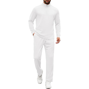 Men's <b>White</b> Quarter-Zip Knitted <b>Tracksuit</b> Set Casual Autumn Wear Breathable Solid Color Long Sleeve Pants and Top - Product Image 1
