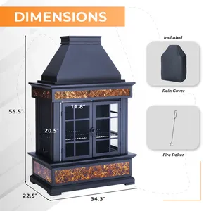 Chimenea de hierro para exteriores con cubierta para lluvia y pica para leña, 56.5 pulgadas de alto, para calefacción de patio con leña - Product Image 3