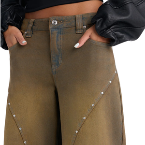 Jean en denim marron respirant pour femme, coupe ample et large, délavé style vintage, décontracté, longueur intégrale, avec clous en strass, cinq poches, collection automne - Product Image 3