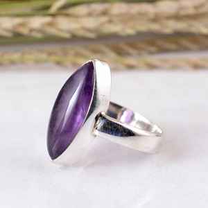925 Sterling Silver Purple Amethyst Natural Marquise Gemstone Statement <b>Ring</b> Handcrafted <b>Adjustable</b> Band Jewelry Unisex Boho - Product Image 3