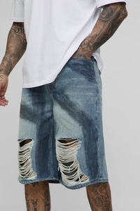 Shorts en jean premium pour homme, taille mi-haute, coupe ample, style urbain, écologiques, effet vieilli, bleu vintage uni, 100% coton - Product Image 6