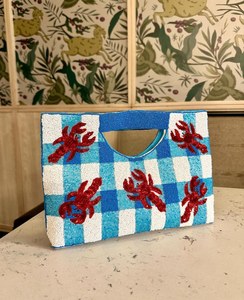 Bolso Rectangular Lavable de Algodón con Cuentas de Vidrio Bordadas a Mano, Diseño a Cuadros Azul y Blanco con Patrón de Cangrejo Rojo, ALI FASHION ART - Product Image 5