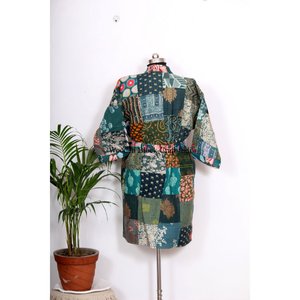 Kimono Kantha hecho a mano con parches de seda, estilo japonés, ropa de playa, estilo bohemio, de invierno, multicolor, con cinturón. - Product Image 6