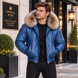 <b>Men's</b> Breathable <b>Summer</b> Casual Leather Bomber <b>Jacket</b> with Real Fox Fur Hood - Product Image 3