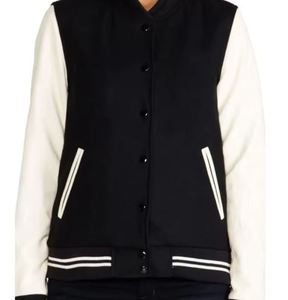 Chaqueta Varsity Unisex Negra y Crema con Bloques de Color, Cierre de Botones, Estilo Preppy, Corte Regular, para Otoño - Product Image 3