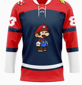 Camiseta de hockey sobre hielo Mario para hombre, cuello en V, manga larga, rojo, azul marino, blanco, poliéster sublimado, ropa deportiva - Product Image 1