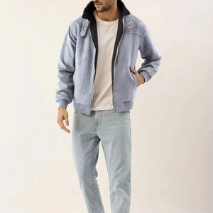 Veste en cuir bleu délavé pour homme – Collection Hiver Tendance – Style Urbain Chaud et Élégant avec Col Montant et Fermeture Éclair - Product Image 2