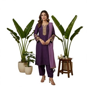Ensemble Salwar Kameez Kurta Palazzo en soie romaine brodée à motifs floraux pour femmes IPPAI, tenue de soirée formelle d'été, séchage rapide, protection solaire - Product Image 1