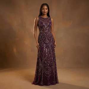 Vestido de noche morado con lentejuelas, cuello redondo, sin mangas, largo hasta el suelo, moderno, de satén, estilo vintage - Product Image 3