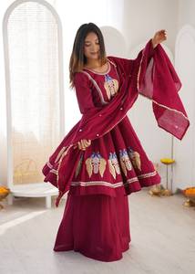 <b>Maroon</b> Roman Silk Embroidered Anarkali Suit Roman Silk Embroidered Sequence Real Mirror <b>Top</b> Pant Dupatta Regular Fit Party - Product Image 3