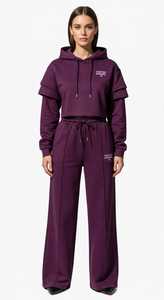 ONETEN APPAREL Women's Maroon Hooded <b>Cropped</b> Sweatshirt Wide Leg <b>Joggers</b> Set Full Sleeve Casual Loose Fit Split Hem Sporty - Product Image 1