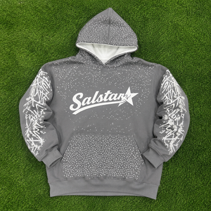 Custom <b>Grey</b> Rhinestone Pullover Hoodie with Graphic Sleeves, Oversized Streetwear <b>Sweatshirt</b>, Premium Custom Logo Hoodie for Men - Product Image 6