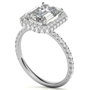 Anillo de compromiso de plata de ley chapado en oro blanco con moissanita de corte esmeralda y halo oculto para ella, anillo de promesa nupcial - Product Image 2