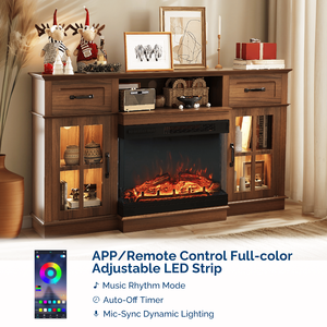 58-Inch <b>Deep</b> Walnut Electric Fireplace TV Stand 2 Lattice Glass Doors 2 Adjustable Drawers <b>Shelf</b> Simple Compatible 24\" 3 Si - Product Image 4