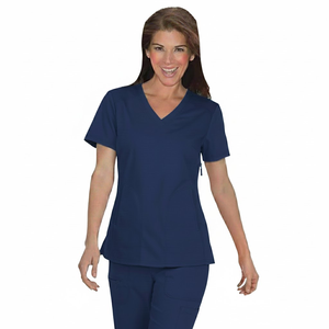 Haut de blouse médicale marron à col en V pour femme avec poches, uniforme d'hôpital en tissu tissé coton-polyester - Product Image 2