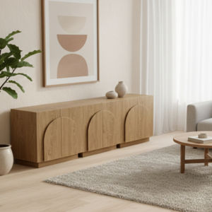 Meuble TV de style Mid-Century Modern en teck avec portes cintrées cannelées et étagères ouvertes, facile à assembler, pour cuisine, salon, chambre - Product Image 1