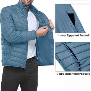 <b>Men's</b> Blue Stand Collar Puffer <b>Jacket</b> Windproof Polyester Filling Casual Zipper Closure Solid Color Regular Fit Thin Coat - Product Image 3
