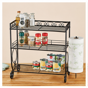 3-Tier Iron Kitchen <b>Spice</b> <b>Rack</b> Organizer with Side Tissue Dispenser Holder Space Saving Black Metal Stand In Best Price - Product Image 3