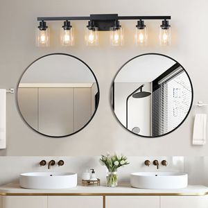 Luminaire de salle de bain moderne à 6 lumières de 37 pouces, finition noire avec abat-jour en verre transparent pour salle de bain et coiffeuse - Product Image 2
