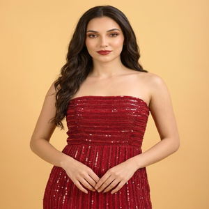 Vestido de Noche Moderno para Mujer, Estilo Tubo, Sin Tirantes, con Lentejuelas Rojas |   Cremallera trasera sin mangas |   Vestido Largo de Lujo para Eventos Formales, Bodas y Cócteles - Product Image 4