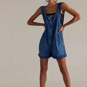 Salopette en jean pour femme, couleur unie, taille haute, coupe ample, délavée, respirante, style décontracté d'été, short-combinaison, très vendue - Product Image 1