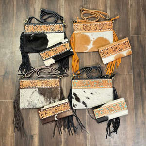 Sac à bandoulière à franges en cuir usiné à la main de luxe à bas prix d'usine et portefeuille à trois volets en cuir de vachette usiné à la main ensemble de deux pièces - Product Image 6