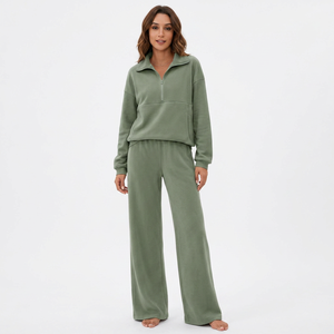 Conjunto Deportivo Verde para Mujer con Cierre de Cremallera a la Mitad, Pantalones Anchos de Pierna Larga, Corte Holgado Informal, 100% Algodón, Ropa de Otoño - Product Image 2